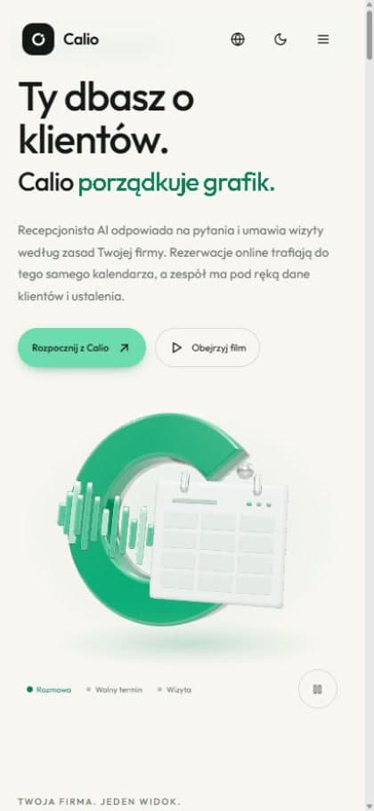Mobilna strona Calio: czytelny nagłówek, opis produktu i zielony znak kalendarza